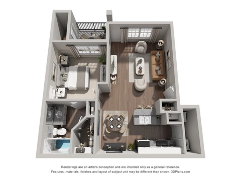 Floor plan for 1 bed, 1 bath, 734 sqft